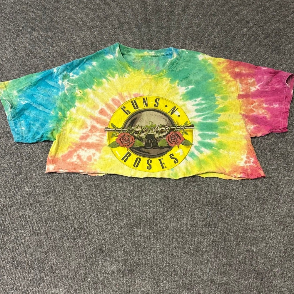 Guns N' Roses Crop Top Womens Size M Rainbow Tie Dye Raw Hem Graphic Band Tee